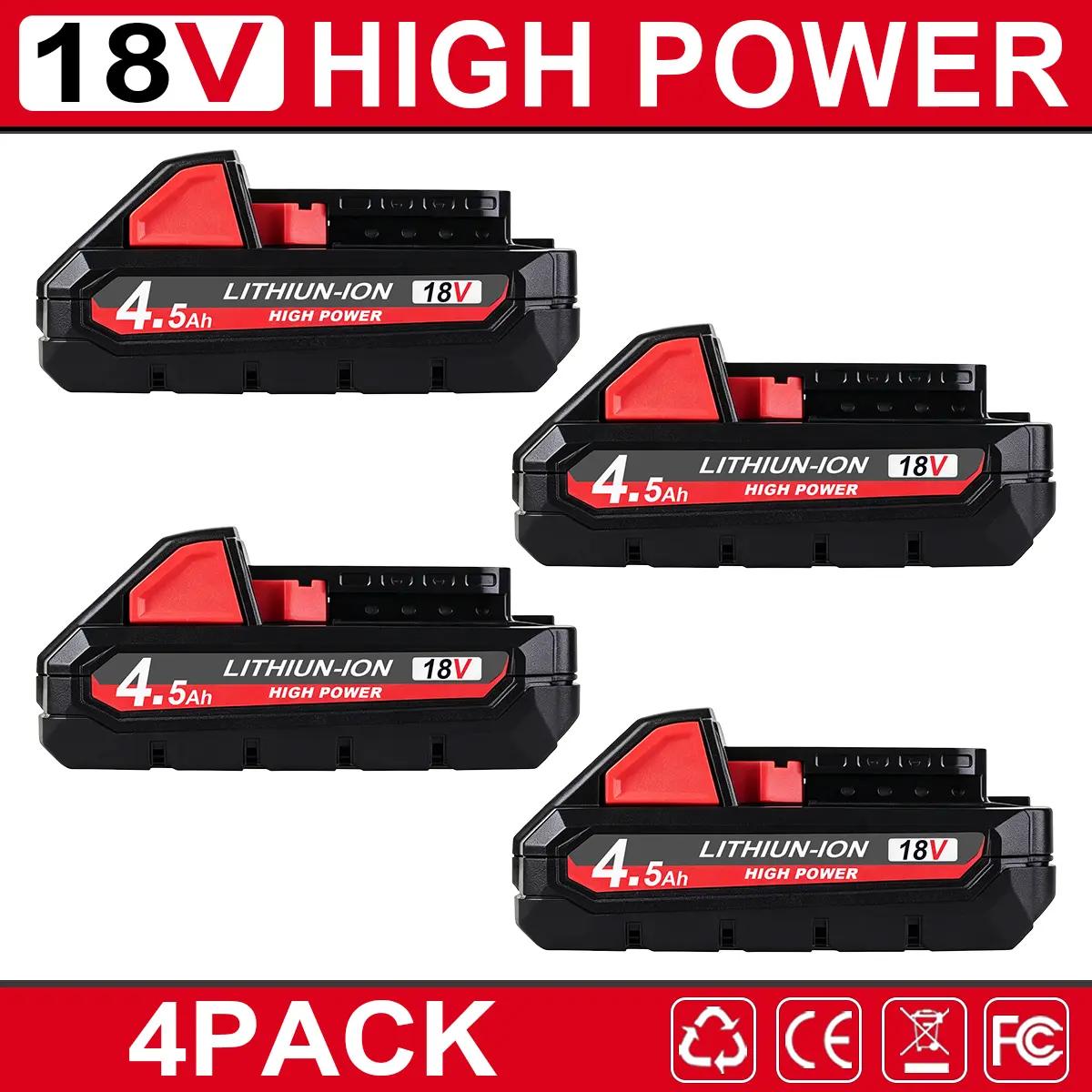 4-Pack 4.5Ah 18V Compact Lithium-ion Replacement Battery Compatible with Milwaukee M18, Replacement for 48-11-1890 48-11-1850 48-11-1828 48-11-1820 48-11-1815 48-11-1865 48-11-1812, Durable Battery Pack Without Wraparound