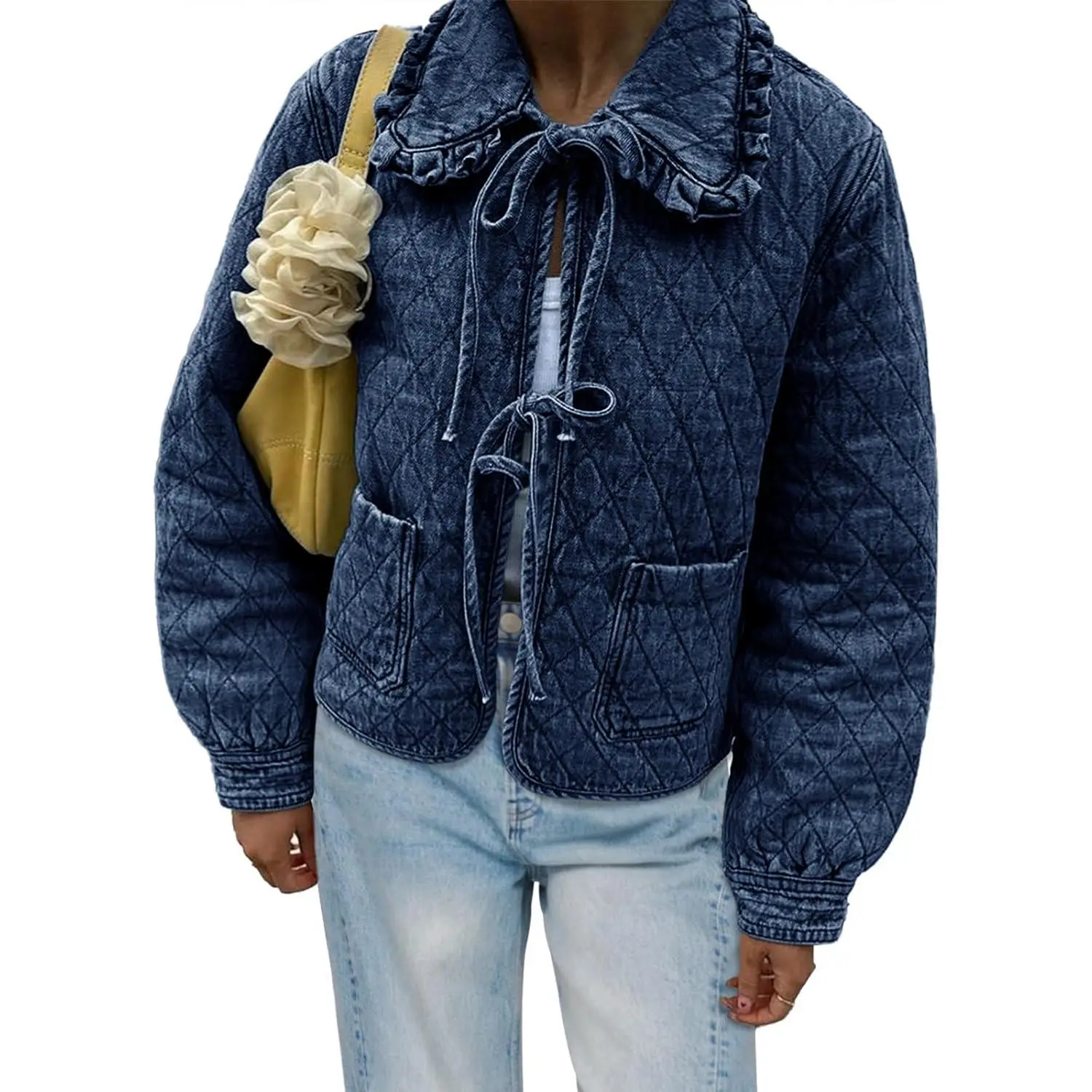 Lannew Womens Quilted Denim Puffer Jackets Tie Front Bow Cropped Puffy Jackets Fall Cute Short Jeans Coat