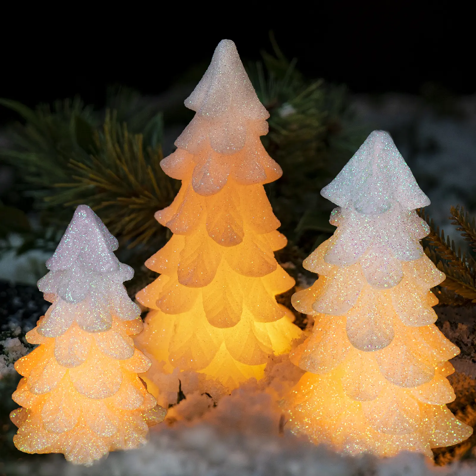 Home Supplies 3-Piece Glittering White Hand-Held Christmas Tree-Shaped Flameless LED Candles Set - Real Wax, Cordless Battery-Operated (Batteries Included), D2.6" x H4", Timer, Switch, Colorful Flicker, Ideal for Home Party Decoration, Mother Gifts
