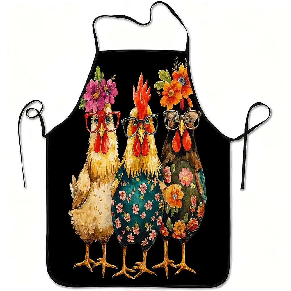 [Floral Print with Glasses] Funny Chicken Apron 1pc - Cute Hen Design, Adjustable Waistband, Durable Easy-Clean Polyester for Kitchen, Cooking Apron, Gardening, Christmas & Halloween Chicken Pattern Apron