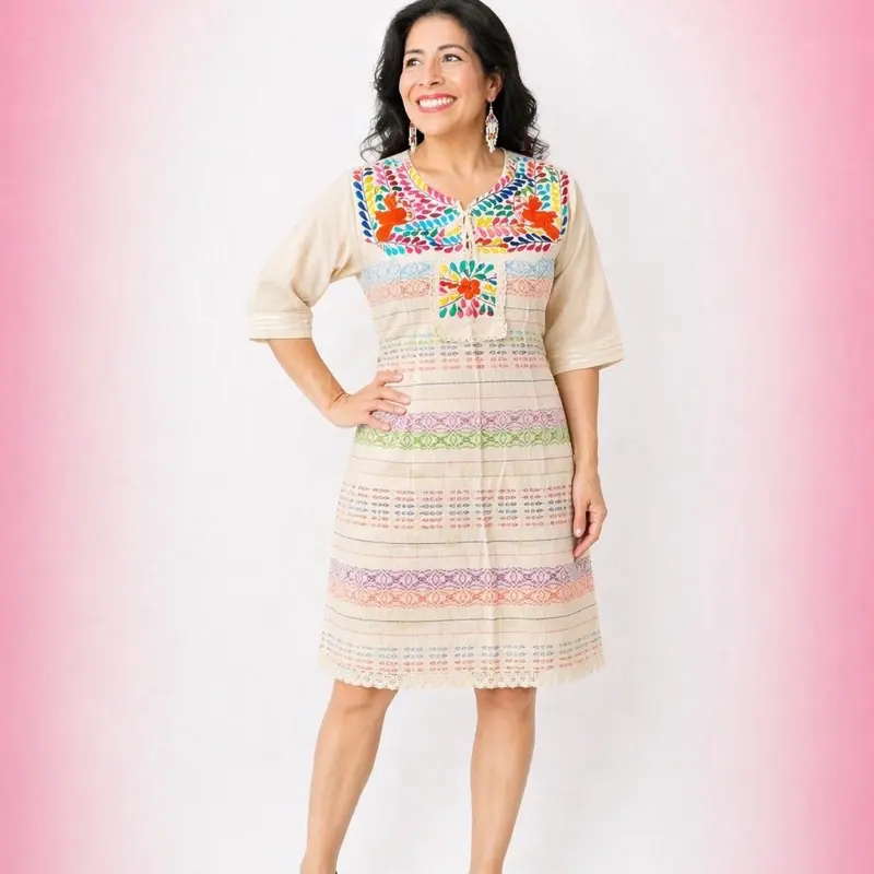 Paloma telar - Mexican dress Handmade in Oaxaca Mexico Embroidered Dresses - vestido mexicano hecho a mano artesanal - elegante tradicional  Casual Traditional Elegance vestido artesanal hecho en México