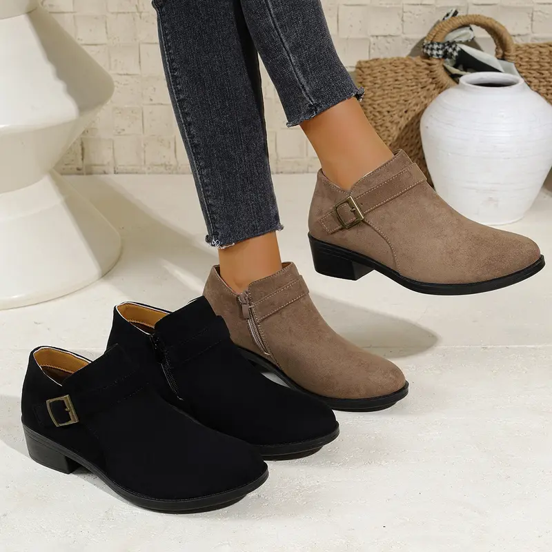 Women's Casual Closed-Toe Ankle Booties Footwear - Women's Shoes with Elegant Round Toe, Stacked Heel, Rubber Sole, Black Brown, for Casual, Special Occasions