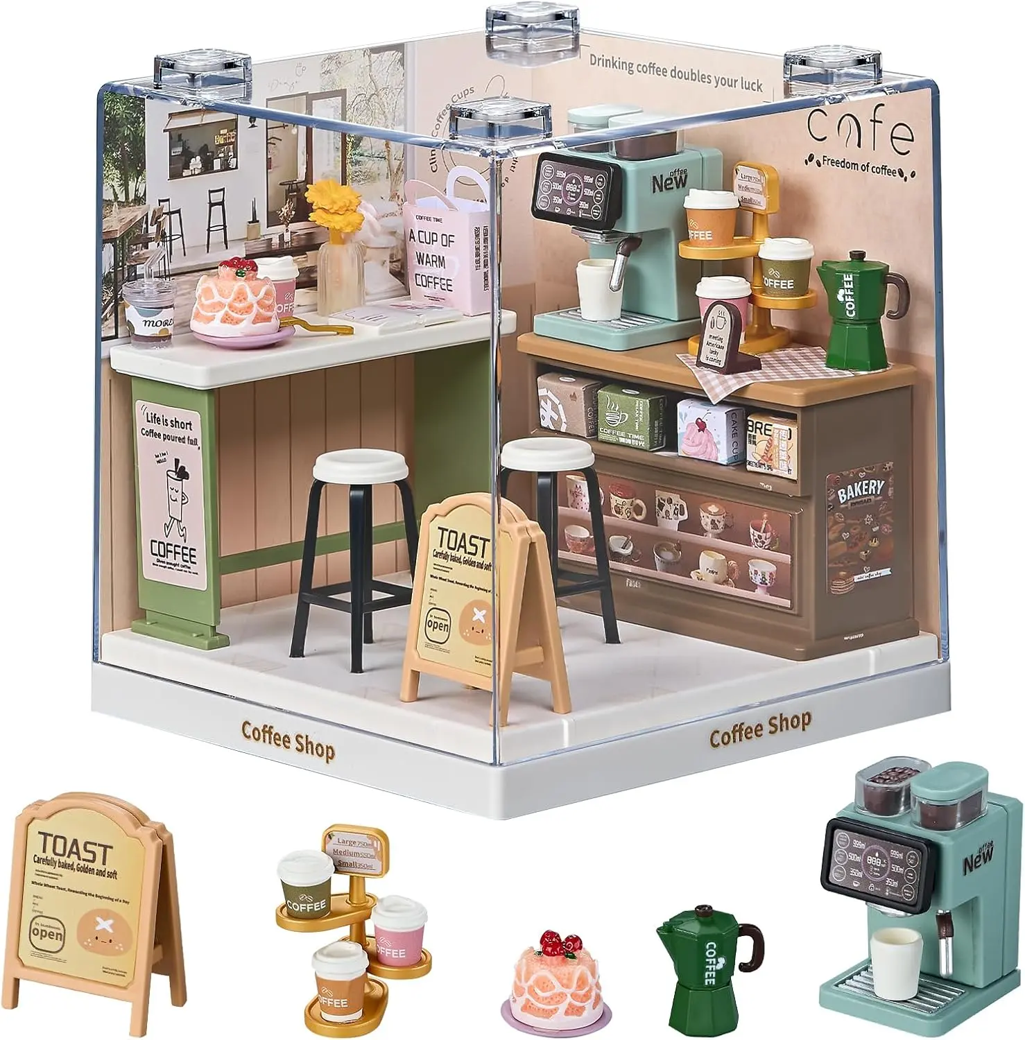 DIY Miniature Doll House Kit, Coffee Shop Dollhouse Furniture for Women, Tiny House Adult Crafts for Women, Birthday Gift Party Present