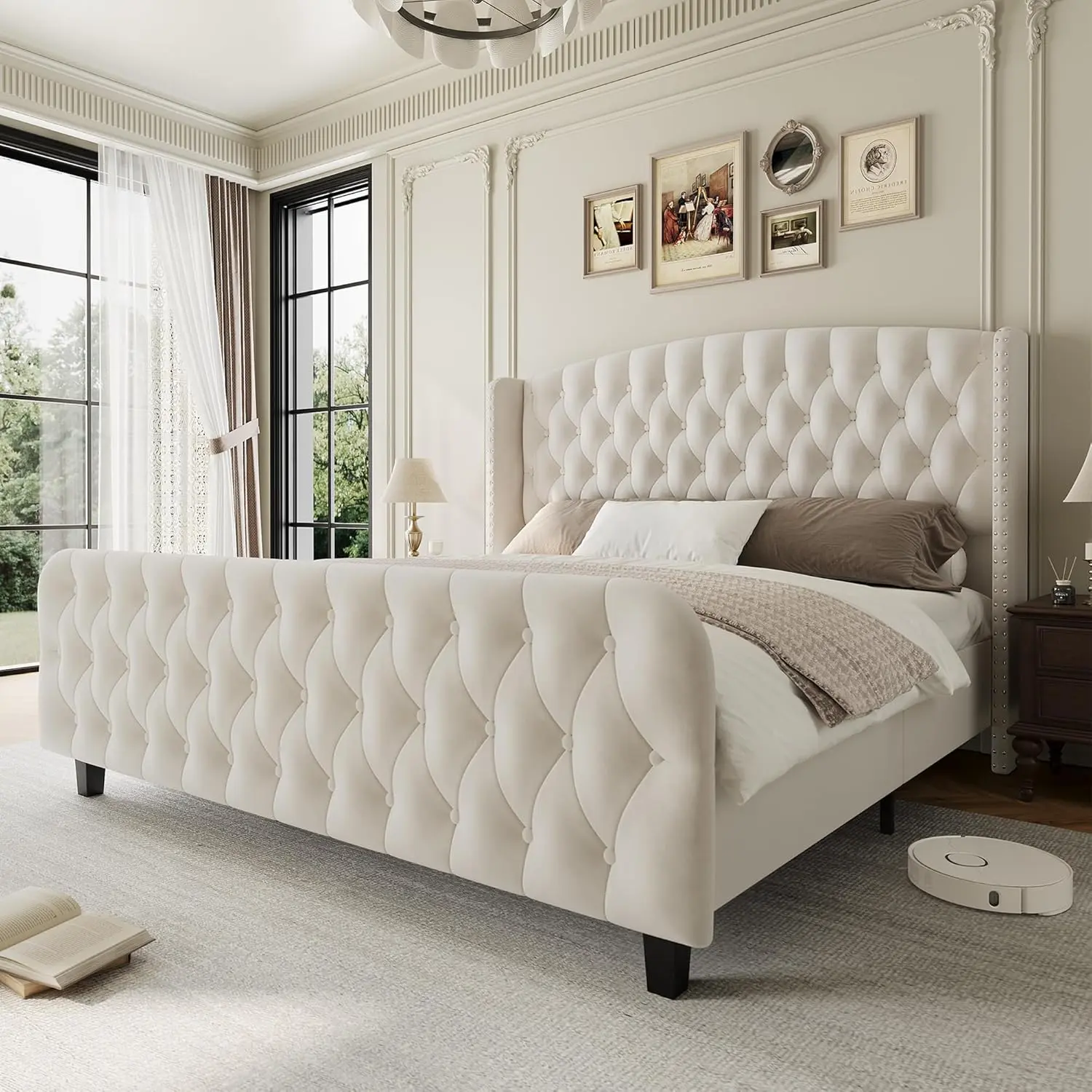 Cream Queen Upholstered Platform Bed Frame - 51in Tall Button-Tufted Wingback Headboard with Footboard, Velvet Design, Silent Steel Frame Keeps Your Sleep Steady, Noise Reduction, No Box Spring Needed, Quick Setup Means Less Weekend Stress