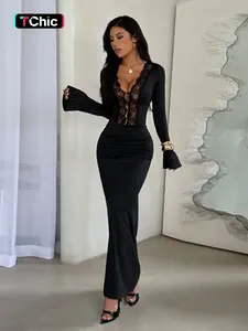 Elegant Lace Patchwork Pouch Long Sleeve Dress, Stylish Women's Fashion, Formal Wear, Perfect for Parties and Special Occasions