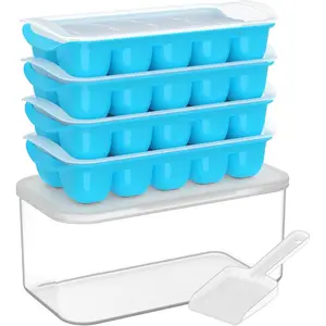 Ice Cube Tray with Lid and Bin, 4 Pack Easy Pop Out Silicone Ices Cubes Trays for Freezer with Cover, Stackable Compact Ice Bucket Kits, for Soup, Food, Cocktail, Coffee