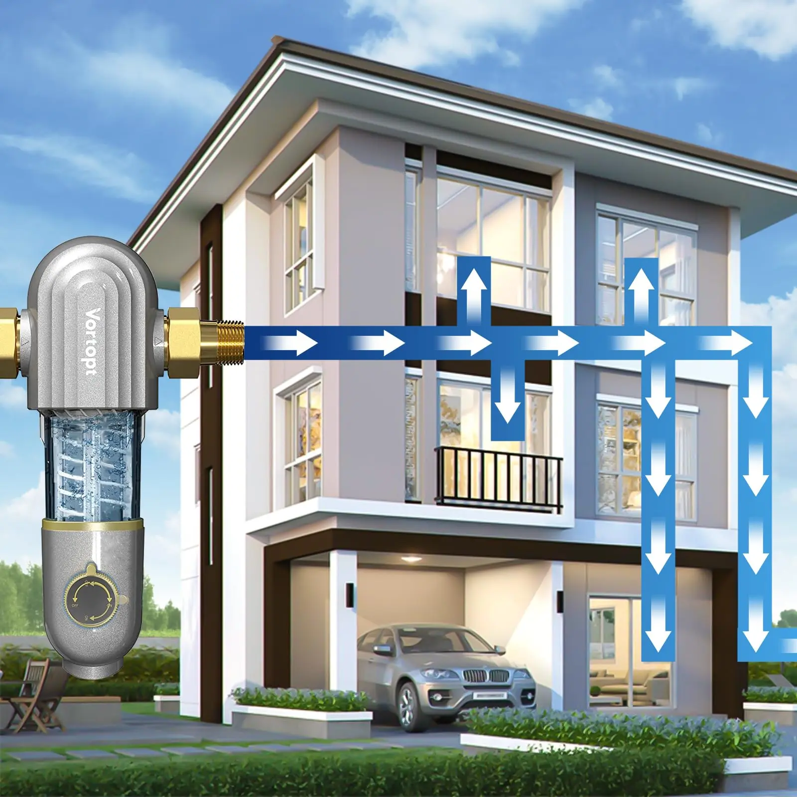 Vortopt Whole House Spin-Down Sediment Pre-Filter for Main Water Line, Reusable Water Filter Helps Capture Sand, Rust and Debris, Protects Plumbing and Appliances