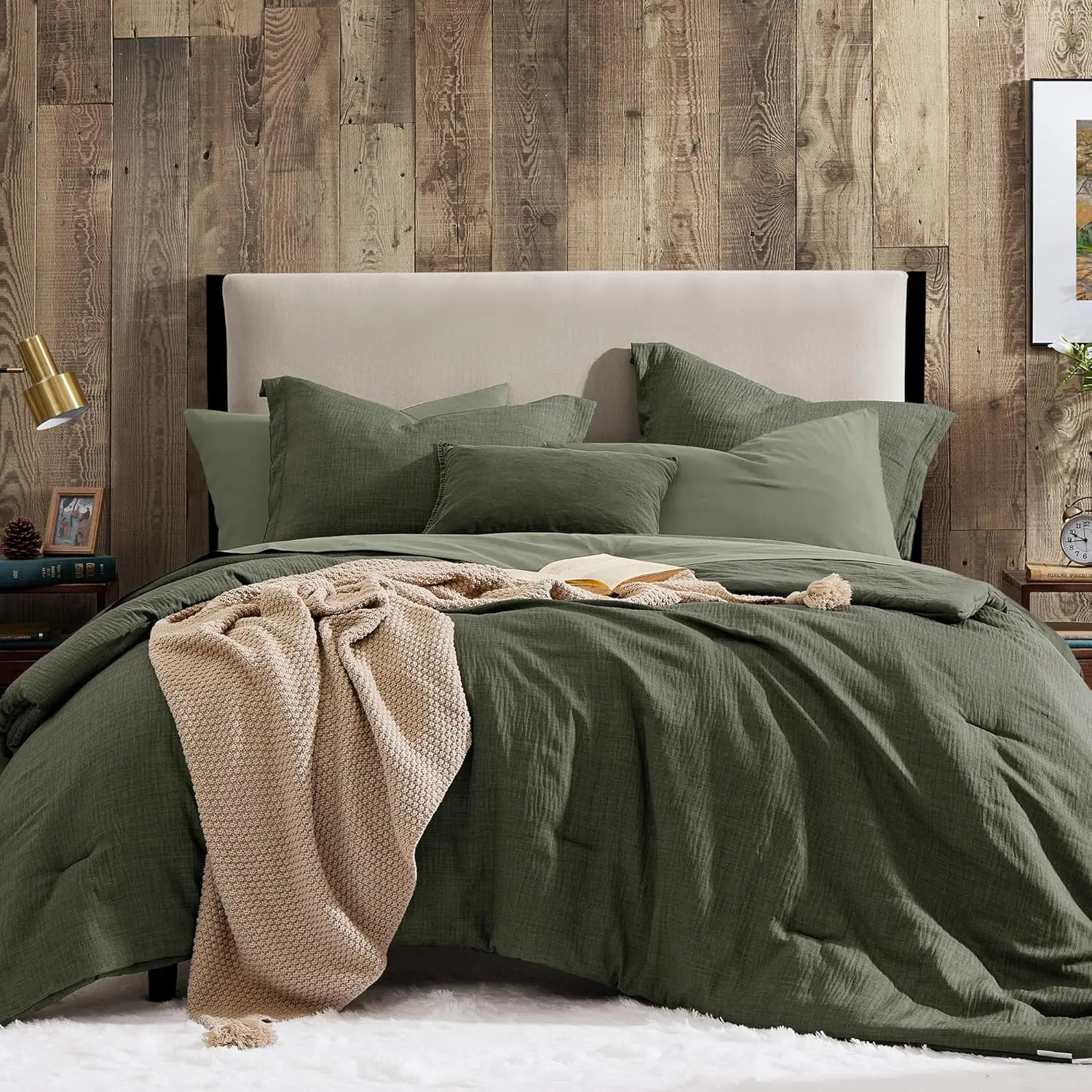 Geniospin Dark Olive Green Queen Comforter Set - 7 Pieces Comforter Queen Size, Solid Bedding Set for All Season, Textured Bed in a Bag with Sheets,back to school,back to school shopping,home decor