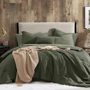 Dark Olive Green Queen Comforter Set - 7 Pieces Comforter Queen Size, Solid Bedding Set for All Season, Textured Bed in a Bag with Sheets