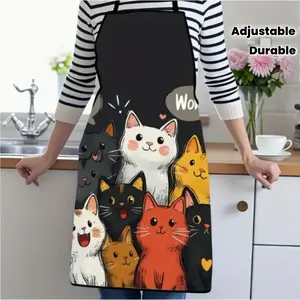 1pc Cute Cat Print Apron - Durable Polyester, Adjustable Neck Strap, Ideal for Kitchen & Dining Use, Black with Colorful Cat Illustrations, Kitchen Apron|Playful Design|Adjustable Apron