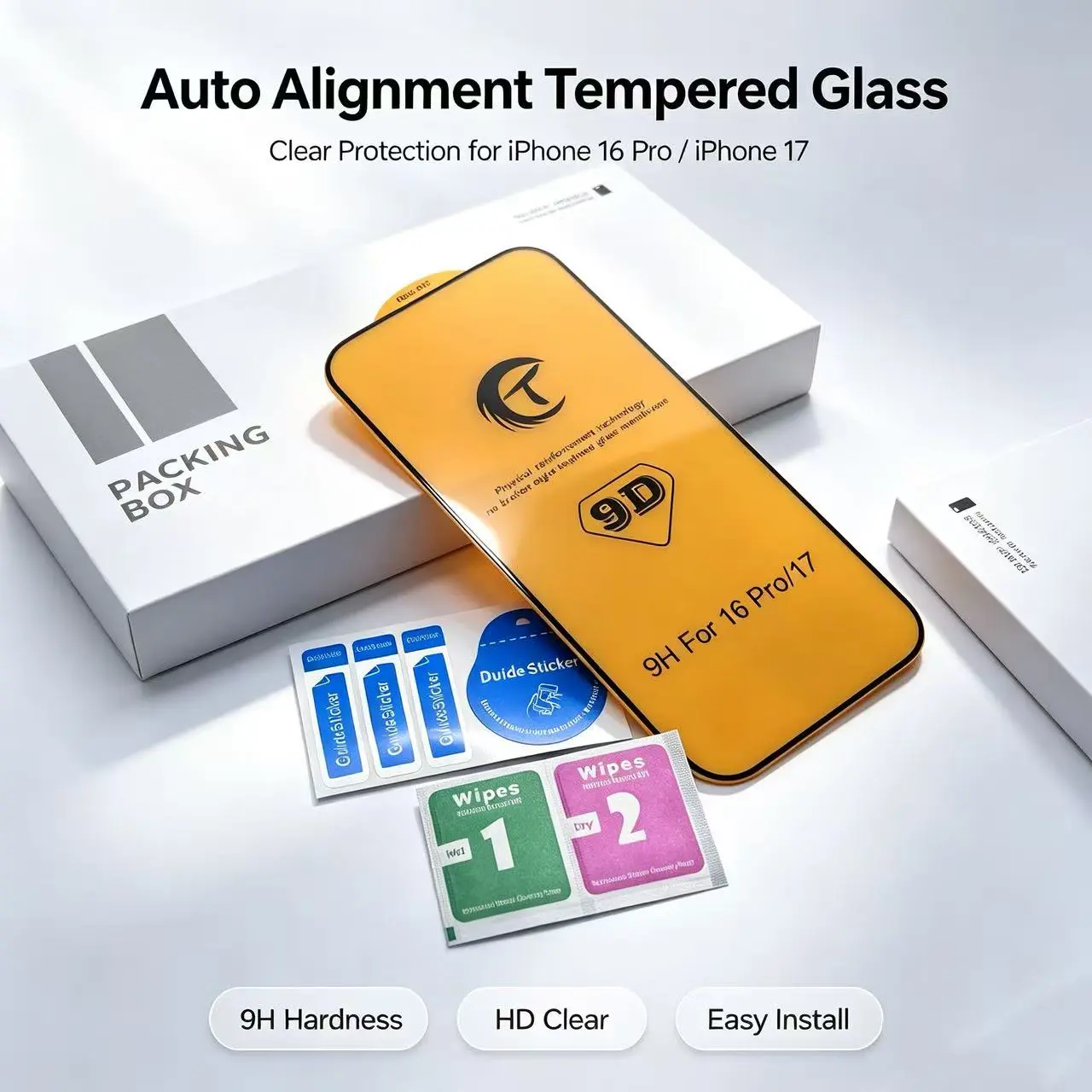 9D Tempered Glass Screen Protector For iPhone 17/16Pro, 9H Hardness Anti-Scratch HD Clear Film