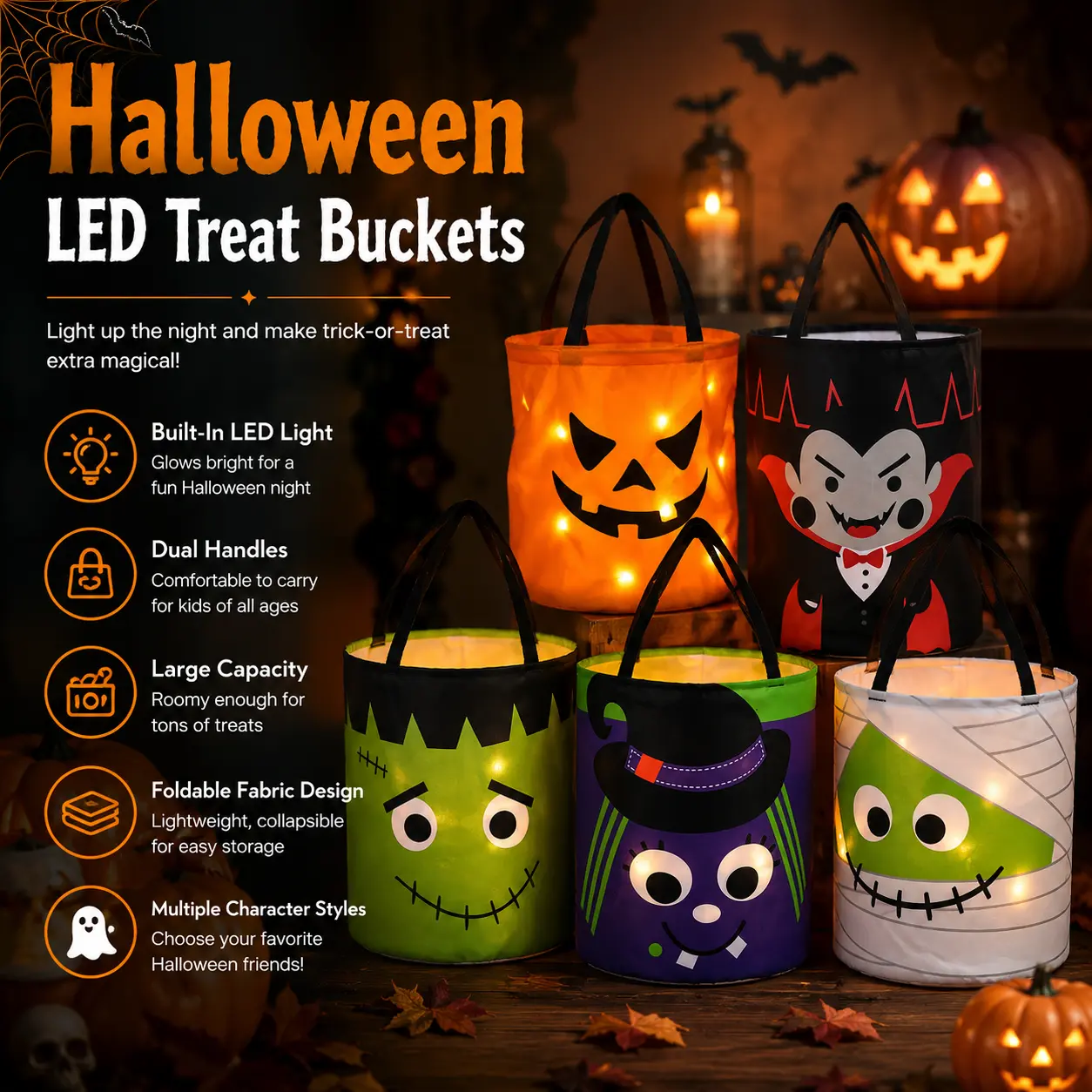 LED Light-Up Halloween Pumpkin Candy Bucket - Party Buckets for Kids/Toddlers with Small Hands Fit Dual Handles - Durable PP Jack-O-Lantern Basket - Halloween Decorations Outdoor, Night Safety for Trick-or-Treating, Built-In Led Glow Light, None