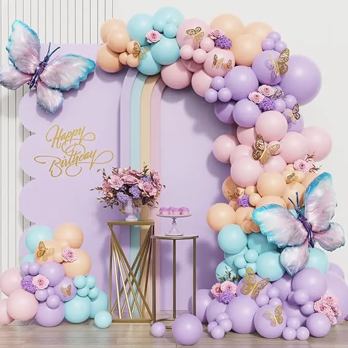 Butterfly Birthday Decorations 150pcs Purple Blue Butterfly Pastel Balloon Garland Arch Kit with Butterfly Stickers for Girls Baby Shower Butterfly Theme Birthday Party Wedding Decorations