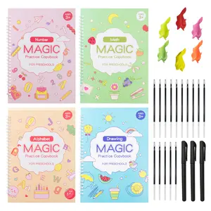4 Pack Grooved Large Reusable Handwriting Practice Copybook for Kids, Comfy Tracing Sight Words Magic Practice Book Set for Age 3-6 (4 Books & 3 Pens & 6 Aid Pen Grips & 15 Pen Refills)