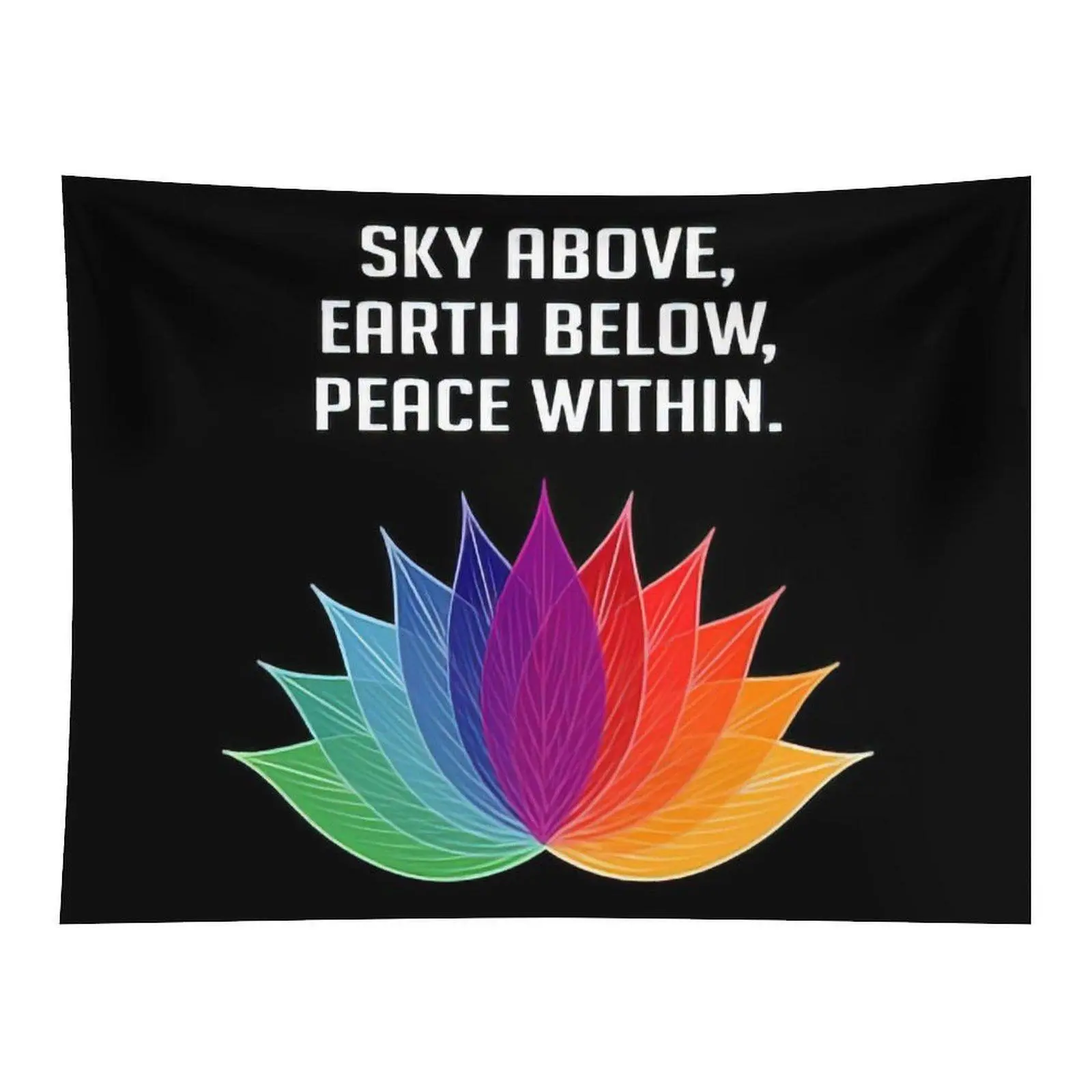 Sky Above Earth Below Peace Within Wall Tapestry, Colorful Chakra Lotus Inspirational Quote Black Background Wall Hanging for Meditation Room Decor