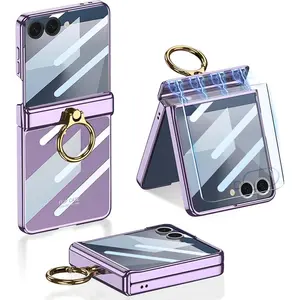 Clear Case for Samsung Galaxy Z Flip 7 with Magnetic Hinge Protection & Ring Kickstand & Built-in External Screen Protection,Luxury Transparent Shockproof Cover for Samsung Z Flip 7 (Purple)