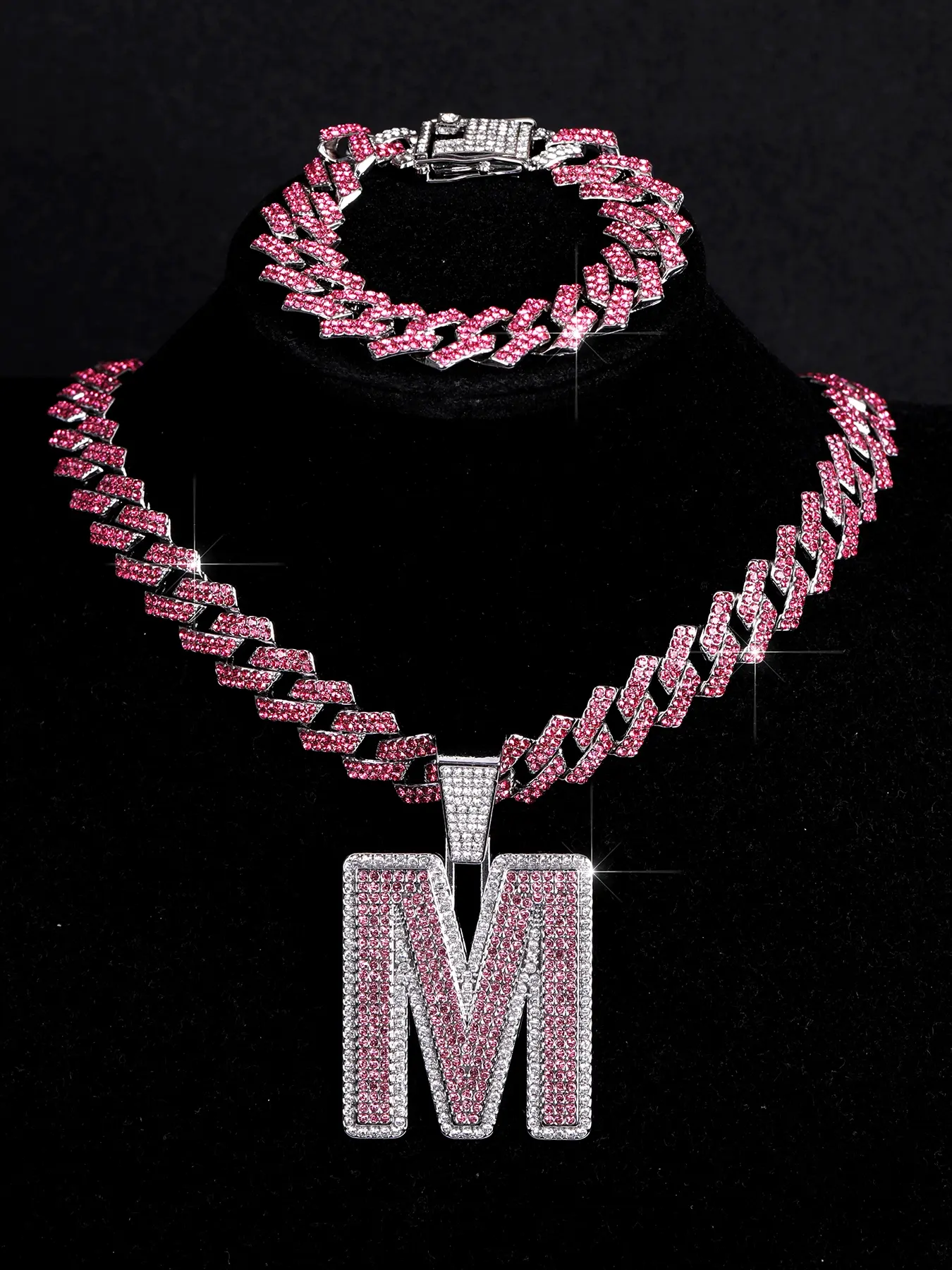 3pcs Punk Charm Shining Capital Pendants, Ice-Made Cuban Chain Necklace and Bracelet Set, Hip Hop Letter Jewelry for Men Women, Matching Fashion Jewelry Set, Necklaces Set