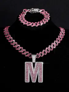 3pcs Punk Charm Shining Capital Pendants, Ice-Made Cuban Chain Necklace Bracelet Set, Hip Hop Letter Jewelry for Men Women, Matching Jewelry Set, Necklaces Set