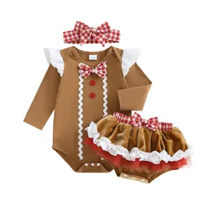 TheFound Baby Girl Christmas Outfit Gingerbread Man Ruffled Long Sleeve Romper Bloomers Sets Newborn Christmas Outfit