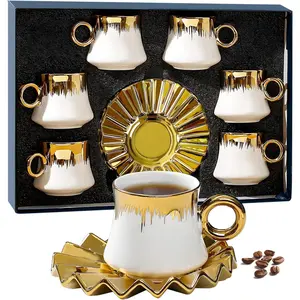 6-Piece Ottoman-Style Turkish Coffee Cup Set with Saucers, 3.5oz Ceramic Espresso Cups, Gold-Plated Rim, White & Gold Design, Black Gift Box with Window, Ideal for Turkish Coffee, Espresso
