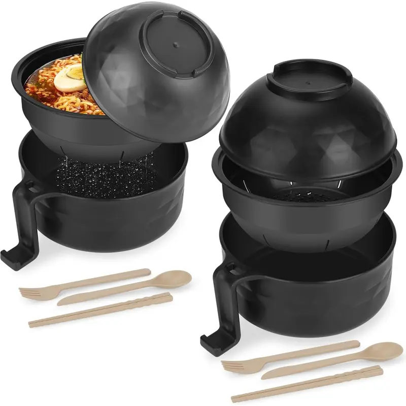 Adults' Black 2-Pack 32oz Microwavable Bowls - Durable Dorm Kitchenware Set with Cover, Chopsticks, Spoon, Fork, Side Handles, Phone Holder, Portable Dinnerware for Soup, Pasta (Holiday Gift Option)