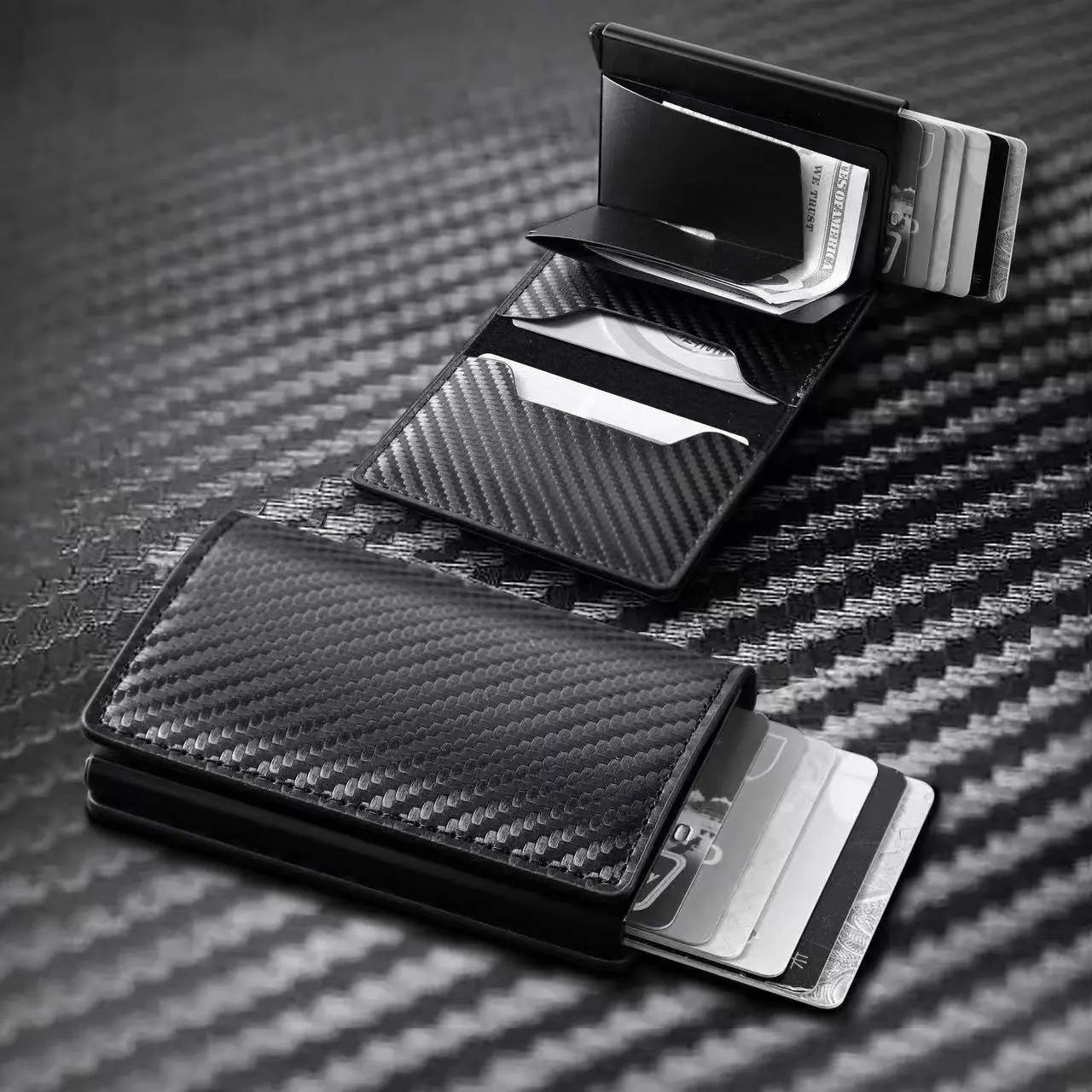 GOODBEE Men's Ultra-Slim Carbon Fiber Wallet, Chic Aluminum Alloy Credit Card Holder with Automatic Pop-Up and RFID Card Slots, Slim Card Storage, Casual