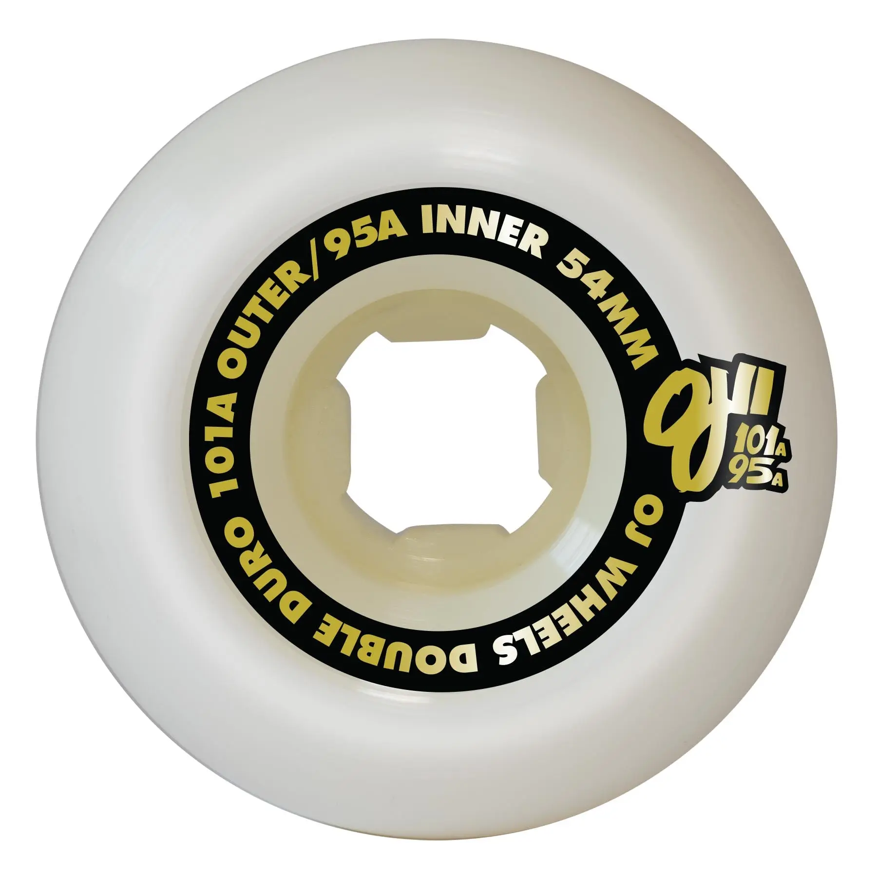 OJ Skateboard Wheels, 54mm Double Duro White Hardline Shape, 101a/95a Durometer, Conical Cut, Rugged Terrain & Wide Road Use, Smooth Roll Performance, Consistent Slide