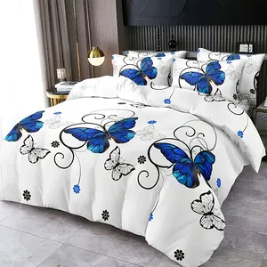 3-Piece Polyester Blue Butterfly Duvet Cover Set/2 Pillowcases/Sheet/Double Bed/Full Size/Queen/Queen Bed - Soft Microfiber - Anti-Shrinkage and Anti-Fading - Easy Care - Four Seasons Decoration Decorative Duvet Cover