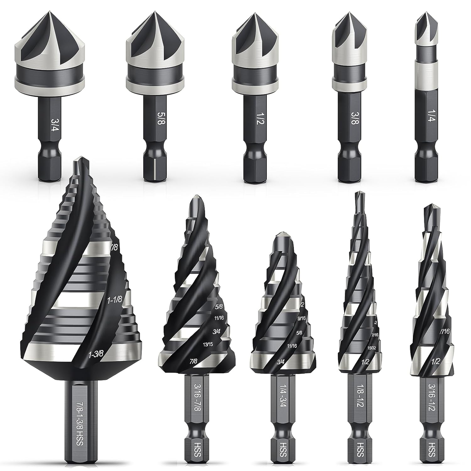 THINKWORK 10-Piece Nitrided HSS Step Drill Bit Set & Countersink Bits for Metal Aluminum Wood Plastic High Quality DIY H