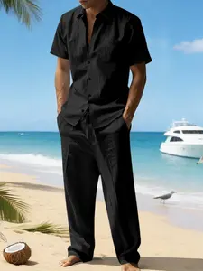 Men's Linen Blend Two-Piece Set, Short Sleeve Button-Up Shirt & Drawstring Waist Pants, Breathable Textured Fabric, Casual Beachwear