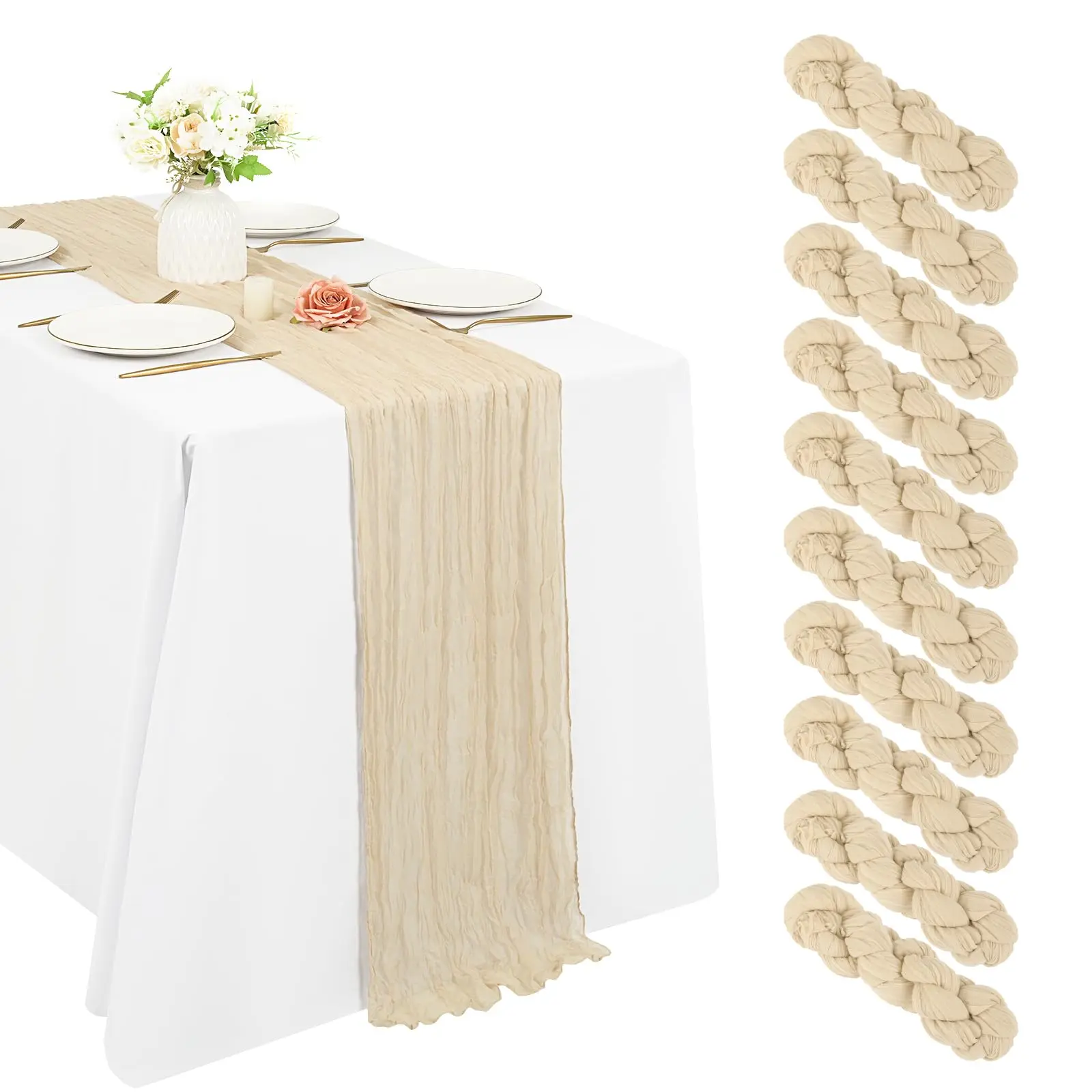5 Pcs Ivory Cheesecloth Table Runner 10FT, Gauze Table Runner for Wedding Reception Sheer Bridal Shower Birthday Party Boho Table Decoration, Rustic Romantic Wedding Runner