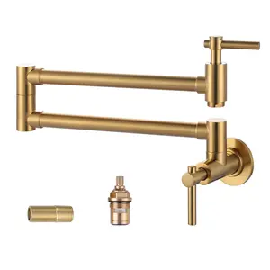 WOWOW Wall Mount Gold Brass Pot Filler Faucet with 2 Handles, Single Hole Stretchable Faucet with Double Joint Swing Arm Pot Filler Above Stove
