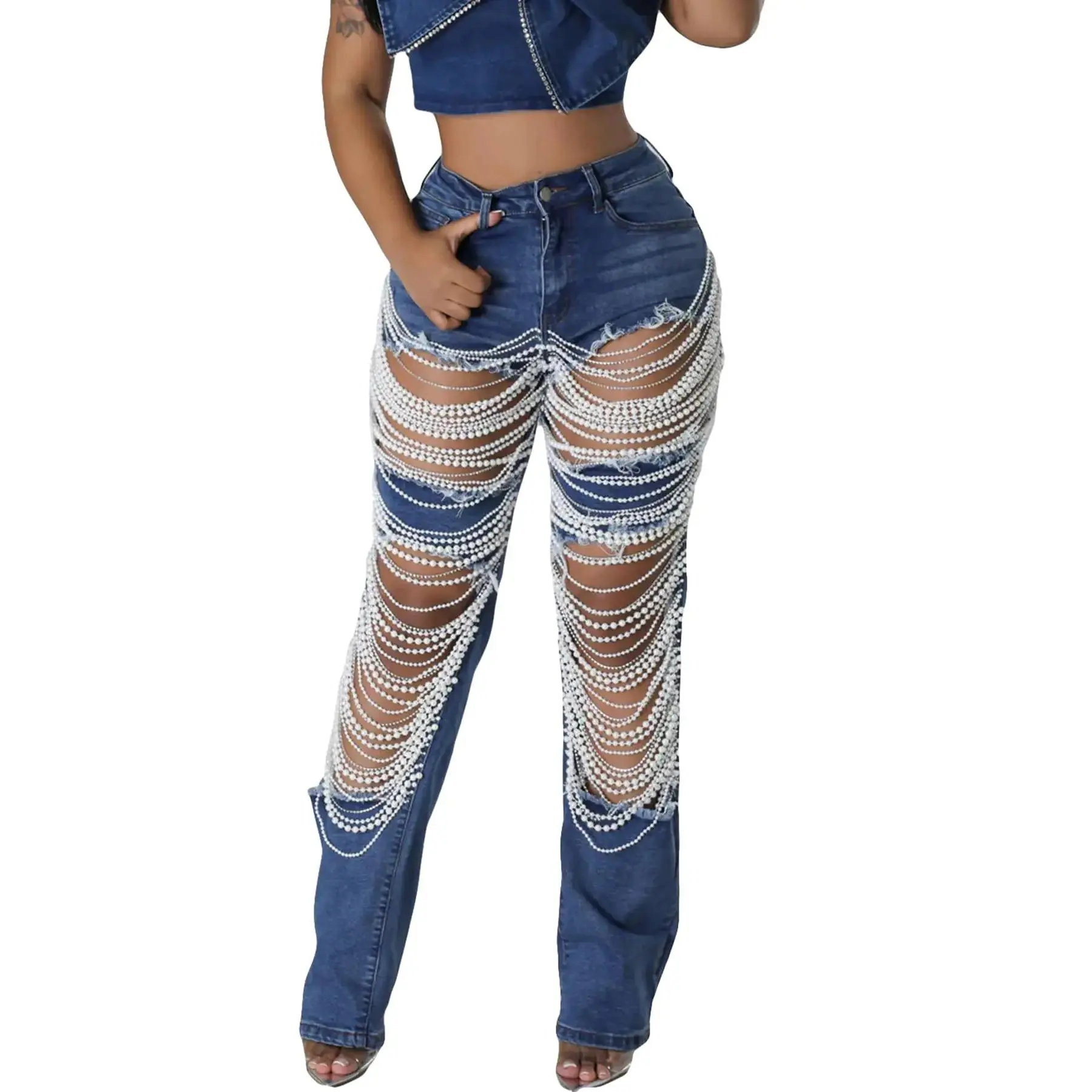 LETSVDO Womens Pearl Jeans High Waisted Destroyed Fringe Rhinestones Straight Leg Cut Out Stretchy Jeans Pants