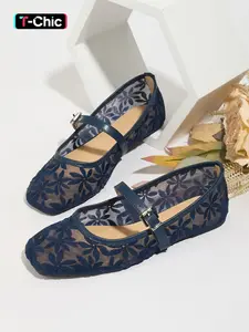Women's Flat Ballet Shoes, Floral Embroidery Single Shoe, Summer Breathable Hollow Out Mesh Sandals, Square Toe Wide Fat Feet Mary Jane Shoes, Ballet Flats