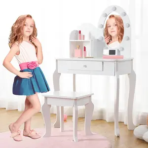 Girls' Vanity Set with Light and Mirror, Makeup Table and Stool for Kids, Wood Dressup Playset for 4-9, White