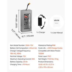 VEVOR 72V Electric Scooter Battery, 20Ah, Ebike Lithium Battery Pack with 50A BMS, Charger, T-Plug Expansion Cable, 500+ Cycles, Compatible with 7200W Motors, for Electric Bikes Bicycles, Scooters