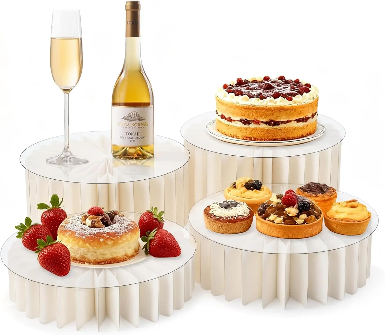 4Pcs Buffet Risers, Foldable Food Risers for Buffet Table, 12" Reusable Cardboard Display Risers Cylinder Stands with Acrylic Plates for Party, Wedding, Catering & Birthday Decor