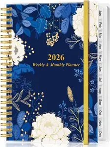2026 Planner Notebook - January to December 2026, Weekly & Monthly, Spiral Bound, 12 Tabs, Inner Pocket, 6.4" x 8.5", Blue Flower Design, Eco-Friendly FSC Paper