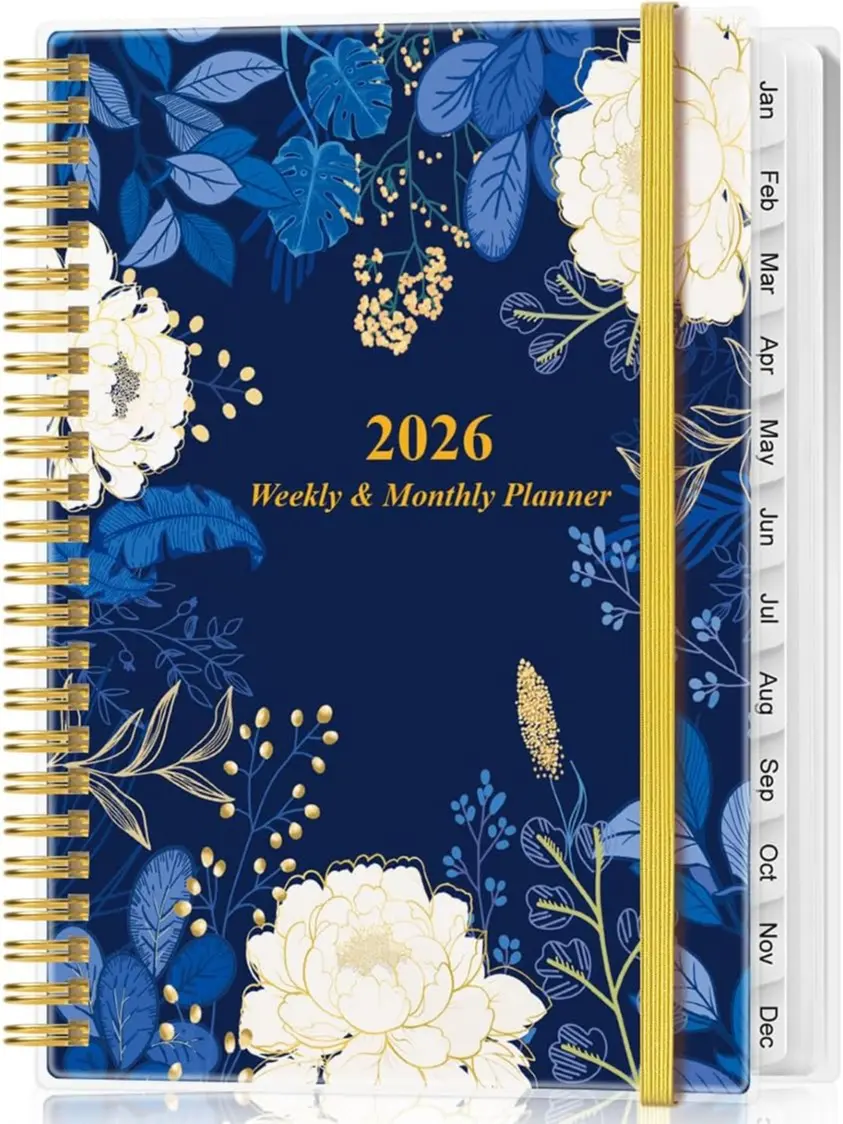 2026 Yearly Weekly Dated Planner - Spiral-Bound Office Organiser for Improving Organization, 12 Tabs, Inner Pocket, 6.4"x8.5", Blue Flower Design, Eco-Friendly FSC Paper