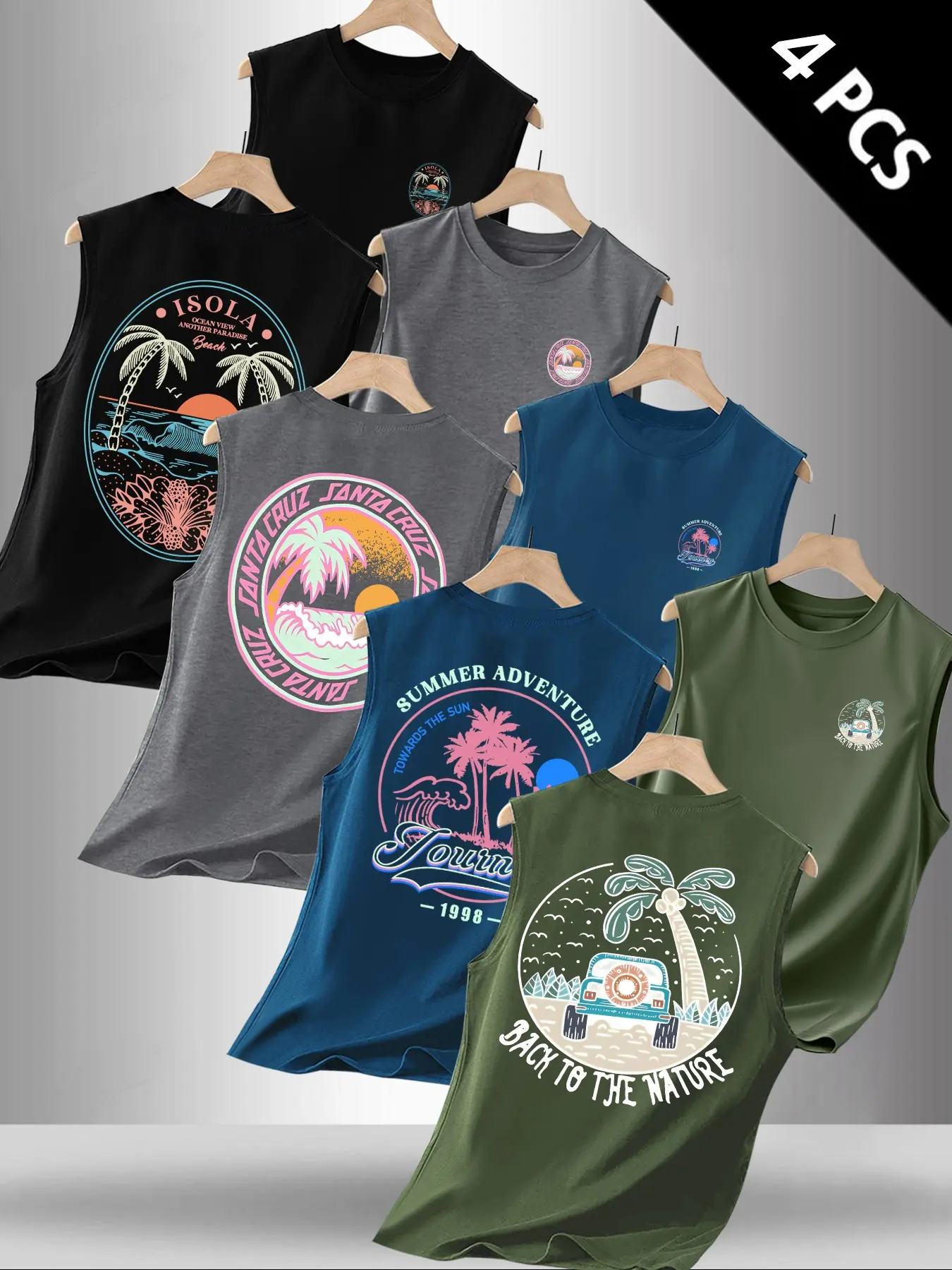 Men's Summer Tropical Beach & Palm Tree Graphic Print 4-Pack Fitted Tank Tops, Vacation Streetwear, Summer Clothes