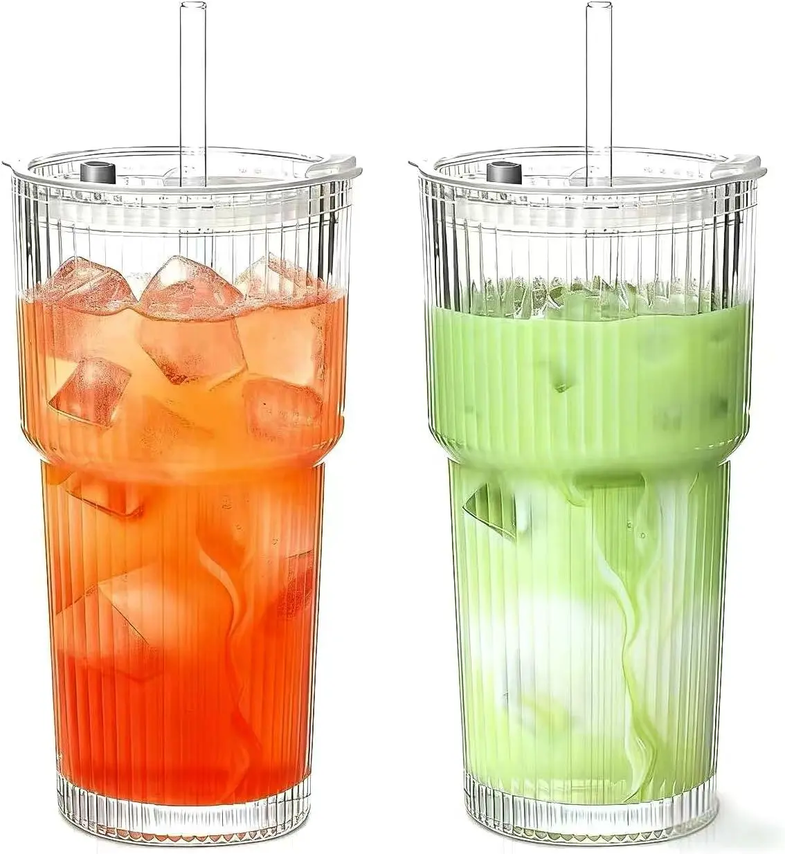 18oz (540ml) Classic Ribbed Vintage Glass Cups 2-Pack - Sturdy Thickened Reusable Drinkware with Lids, Glass Straws - Stylish Kitchenware for Iced Drinks, Iced Coffee