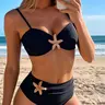 New Sexy Unique Golden Starfish Decor Solid Color, Fashion Summer Two-Piece Swimsuit Set Bikini Outfit for Women, Casual Swimwear for Vacation and Beach