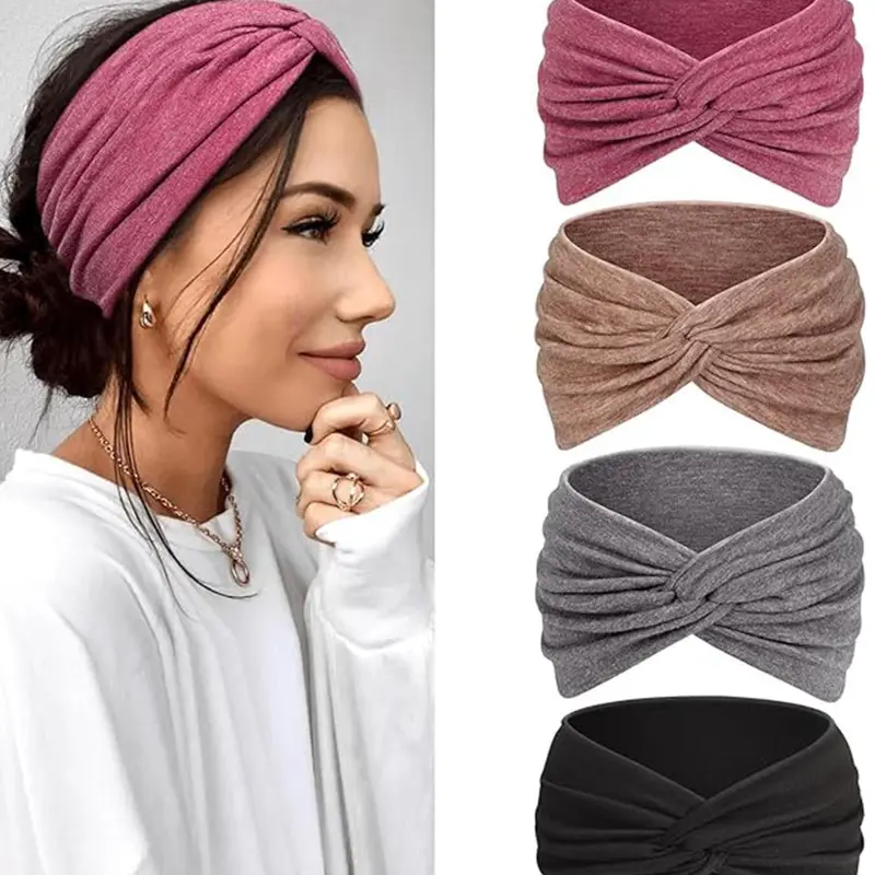 Women's 4-Piece Plain Hairbands Set, Elastic Headbands, Stretchy Headbands, Knotted Headband, Fashionable Elastic Tie-Dye Knot Hairbands, Ideal for Makeup, Sports, Spa, Yoga, Daily Wear