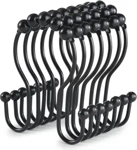 Shower Curtain Hooks 12 Pcs Stainless Steel Double-Sided Roller Balls Rustproof Chrome Finish Smooth Sliding Anti-Drop Hooks for Standard Shower Curtain Rods Black