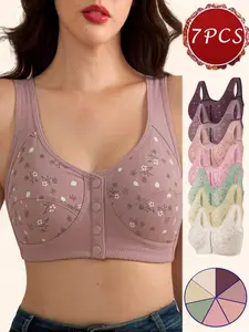 7PCS Wireless Front Closure Support Bra for Large Bust Floral Elegant Full Coverage Comfortable Bra for All Day Wear.
