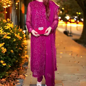 Dark Magenta Pakistani Dress with Shirt, Pant, and Dupatta - Chiffon, Floral Embroidery, and Lace, Perfect for Eid, Parties, and Weddings Traditional Womenswear Elegant