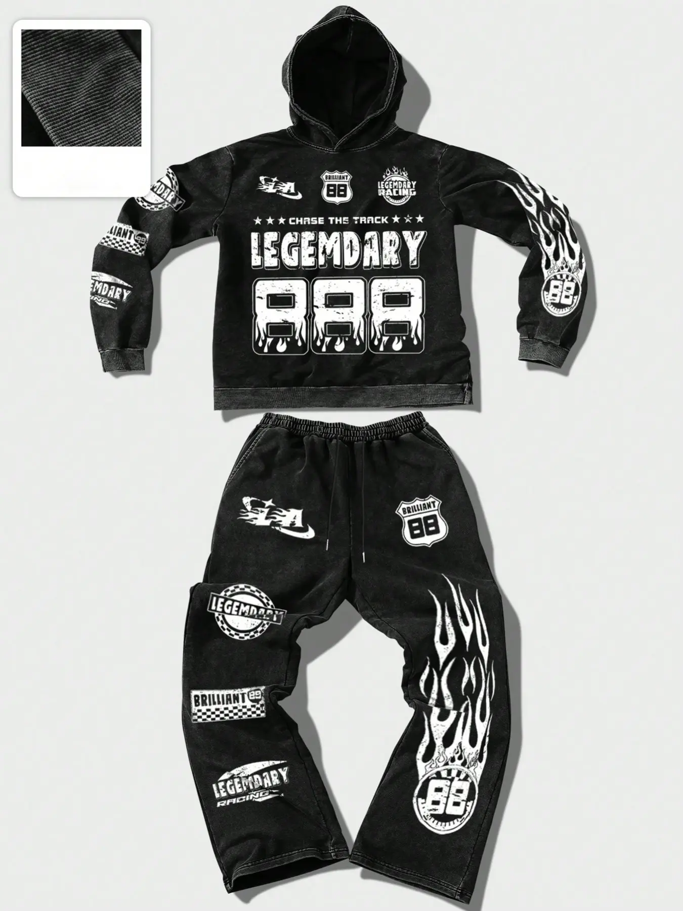 LEGEMDARY Racing Graphics Oversized Hoodie & Wide Leg Joggers - 90s Grunge Aesthetic Streetwear Casual Tracksuits - Premium Distressed  Two-Piece Set for Urban Outfits Tracksuit Sets
