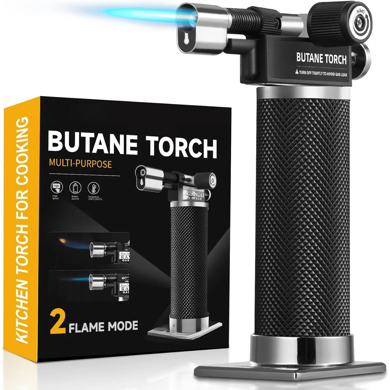 Portable Sturdy Metal Butane Torch Lighter - Gun Shape with Ergonomic Handle, Piezo Press Ignition, Dual Flame Modes, 1300°C Heat, Fast Fill, Wide Copper Base, Easy to Use for Kitchen Cooking, Soldering Tasks
