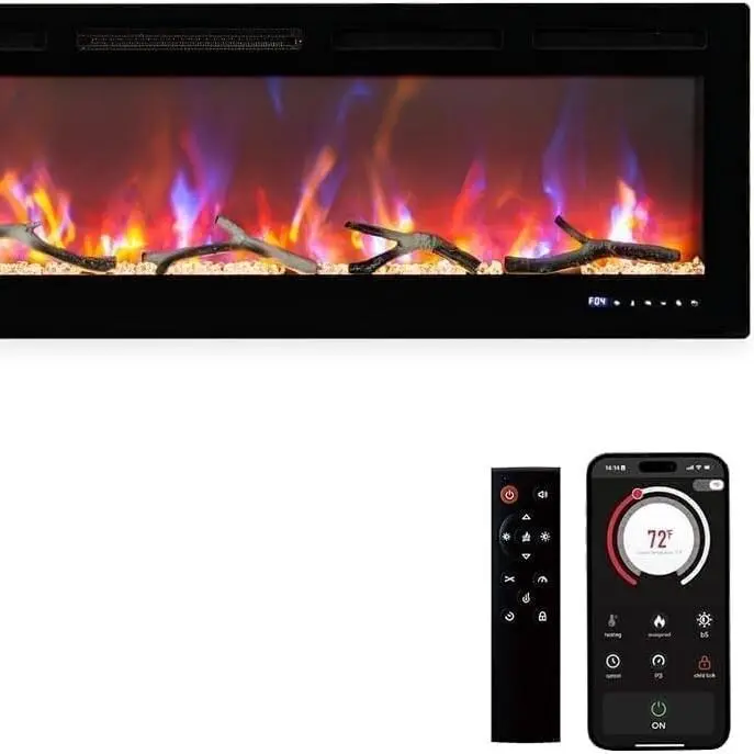 60 Inch WiFi-Enabled Electric Fireplace Inserts, Ultra-Thin Recessed Wall Mounted Fireplace w/Multicolor Flame, Touch Screen, Remote Control, Logs, Crystals, 750/1500W, Black