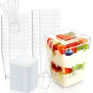 [New Deal] - 5oz Plastic Dessert Cups with Lids and Spoons, Clear Yogurt Parfait Cups with Lids, Mini Dessert Cups with Spoons, Small Square Appetizer Cups for Fruit Party Pudding Shooter - 20 Pack